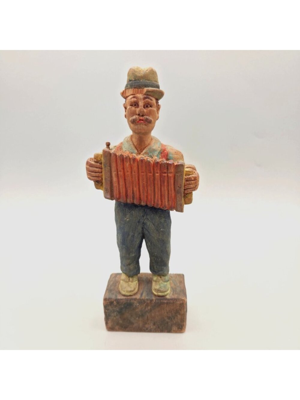 Vintage Hand Carved Wood Hobo Accordion Player Figurine 7.5" Folk Art